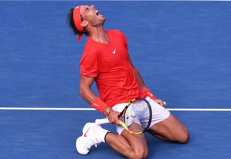 Rafael Nadal celebrates after beating tennis young star Stefanos Tsitsipas in the Rogers Cup final
