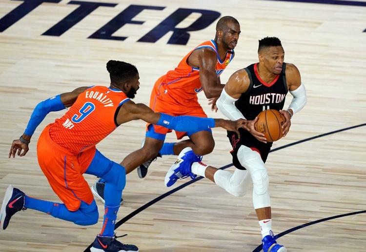 Russell Westbrook plays in this season's NBA playoffs for the first time to help Rockets take a series lead over OKC