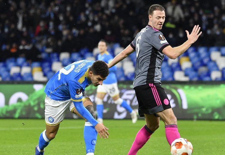 Leicester’s Jonny Evans in action during the Europa League match against Napoli