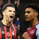 Dominis Solanke of Bournemouth host Ollie Watkins of Aston Villa at the Vitality Stadium in the Premier League