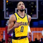 Pacers guard Tyrese Haliburton responds to a play in the NBA In Season Tournament Semifinal against the Bucks