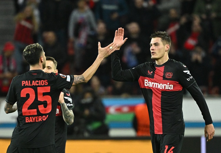 Bayer Leverkusen forward Patrik Schick celebrates after scoring a brace during the Europa League match against Qarabag